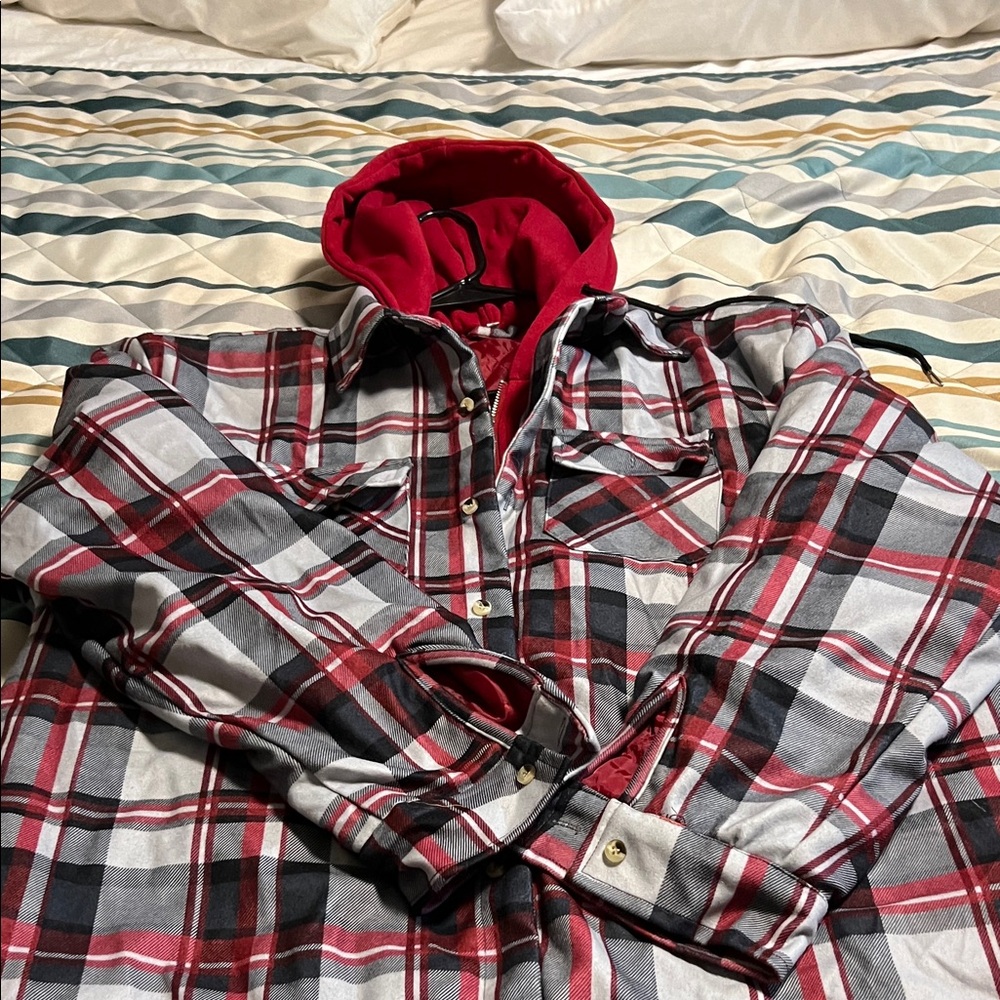Men's Red and Gray Plaid Shirt Jacket - Picture 3 of 3